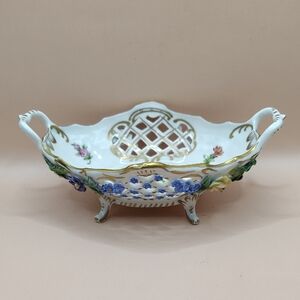 Antique Dresden Porcelain Footed Pierced Bowl Gold Gilt & 3D Flower